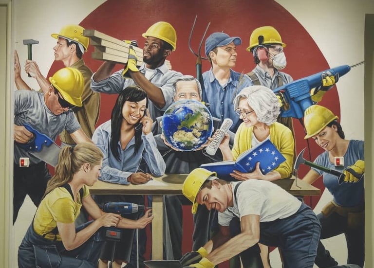 Mural of diverse construction workers and professionals collaborating on a global project with labor union symbols.