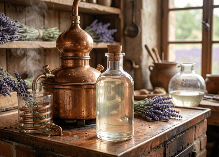 Copper alembic distiller extracting organic lavender essential oil into glass bottles in a rustic workshop.