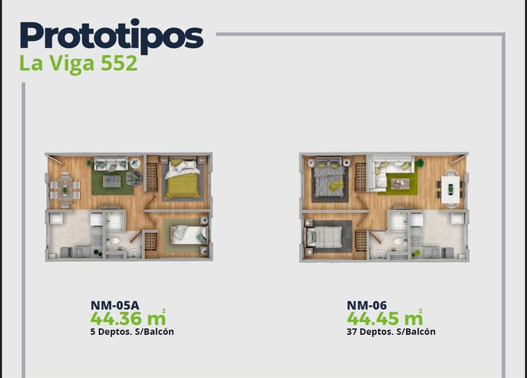 LV52 Características Depto.  Plano con 2 recamaras, sala comedor, baño y cocina. 44 m2