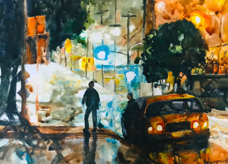 a painting of a man walking down a street