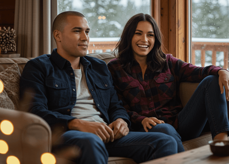 a man and woman sitting on a couch wearing flannel
