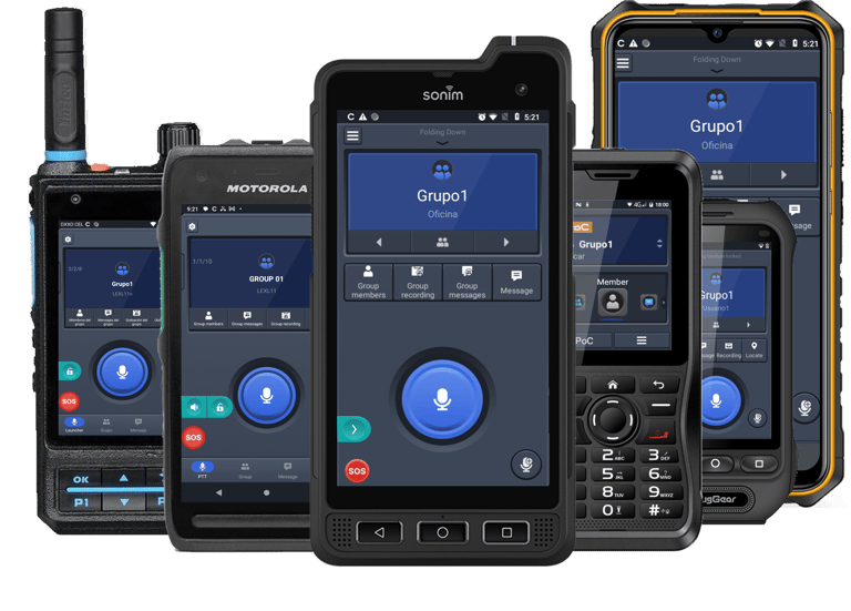 Six professional radios displaying OSNET MCPTT/PoC application, showcasing Bring-Your-Own-Device PoC