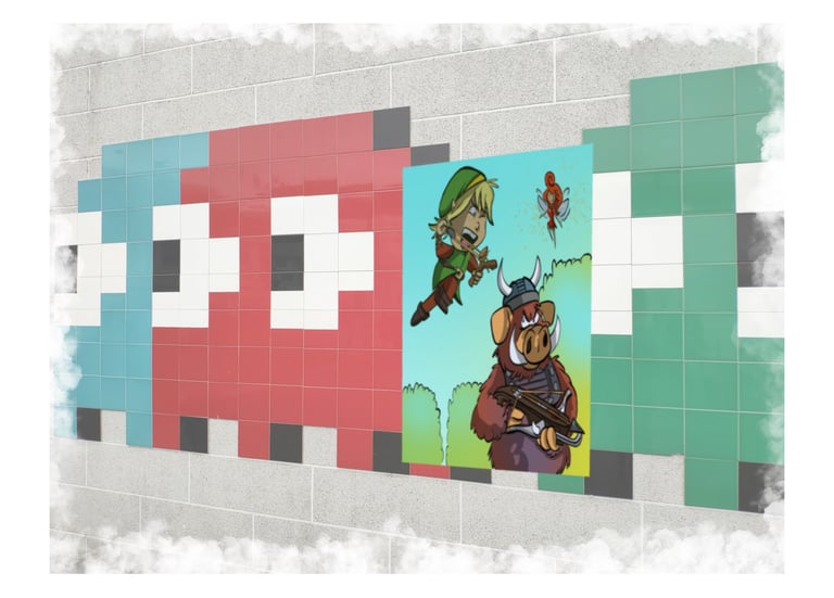 Link attacking a creature in the forest with a sling shot on a tiled wall of Pac-Man ghosts.