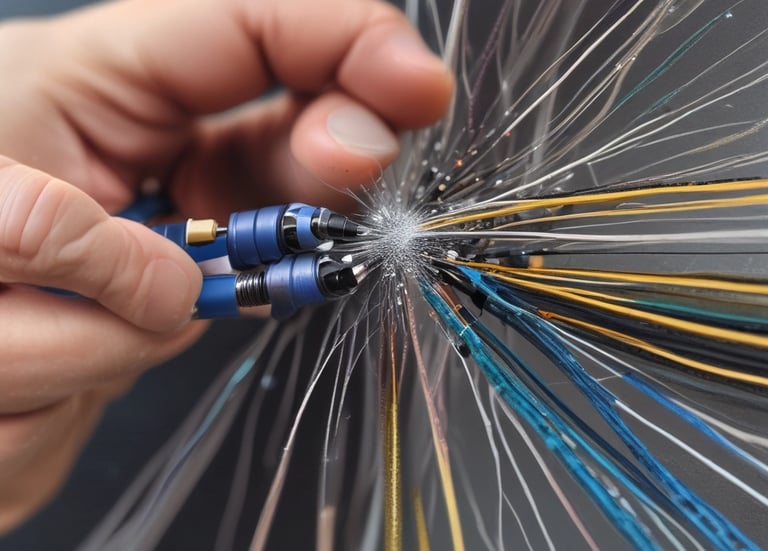 A series of metallic beams with a grid-like pattern creating an architectural structure. The beams intersect at angles, casting shadows and reflecting light, forming a complex geometric design.