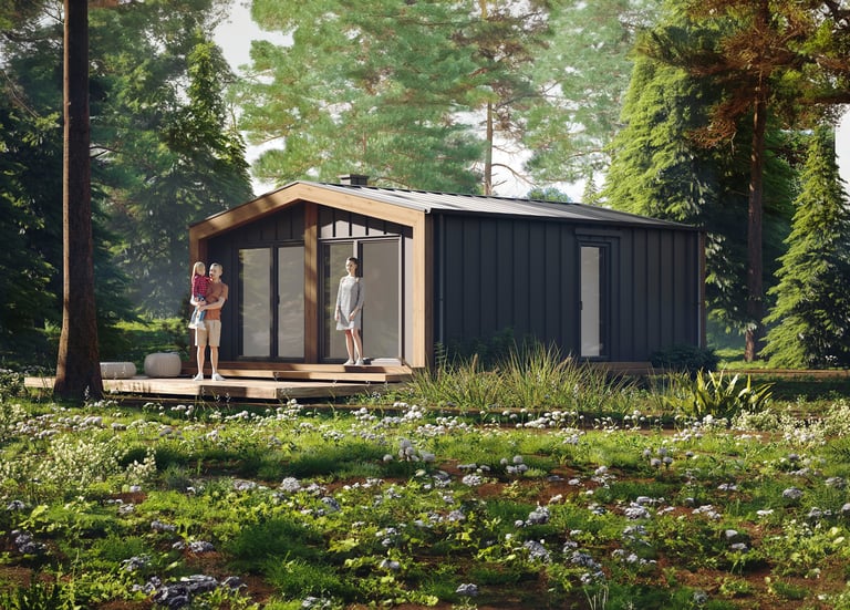 Energooszczędny dom modułowy parterowy o powierzchni poniżej 50 m² wykończony antracytową blachą