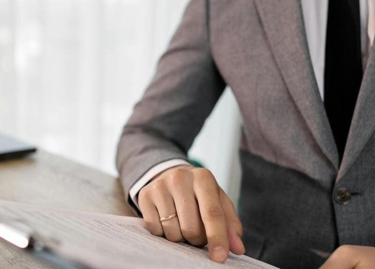 Hombre de negocios profesional con traje gris revisando un contrato legal en un portapapeles.