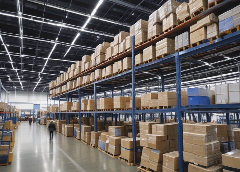 A bustling warehouse filled with shelves of consumer electronics ready for distribution.