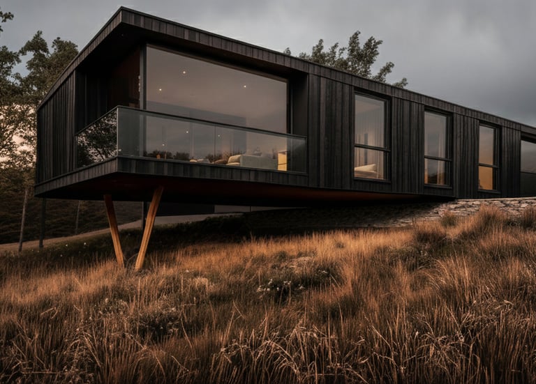 Modern black cantilever home with large glass windows on a grassy hill under a moody sky.