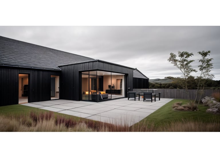Modern black timber barn house featuring a glass wall extension and stone patio with outdoor seating.
