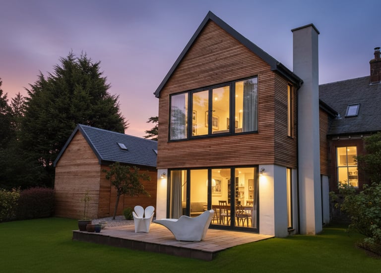 Modern two-story home with timber cladding and large windows glowing at dusk overlooking a stone patio.