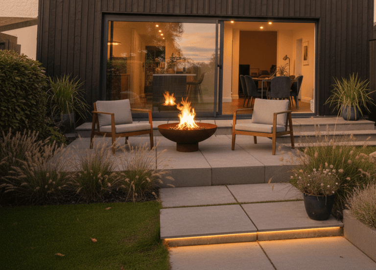 Modern garden patio with a central fire pit, outdoor seating, and warm LED stone path lighting.