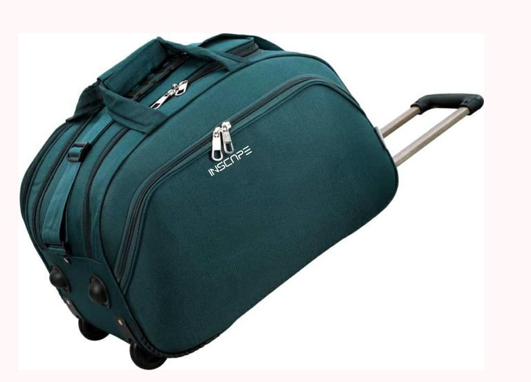a green duffle with trolley and logo in premium fabric 