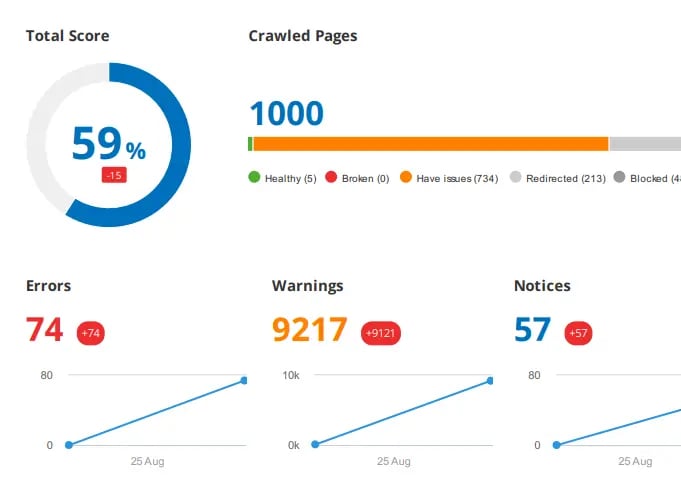 SEO audit showing health score, errors, and warnings