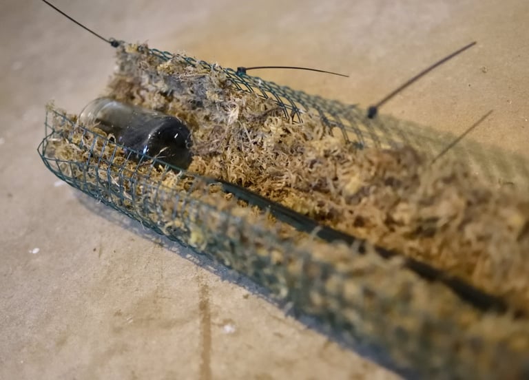 Photo showing how the jar and rope waters the self watering moss pole