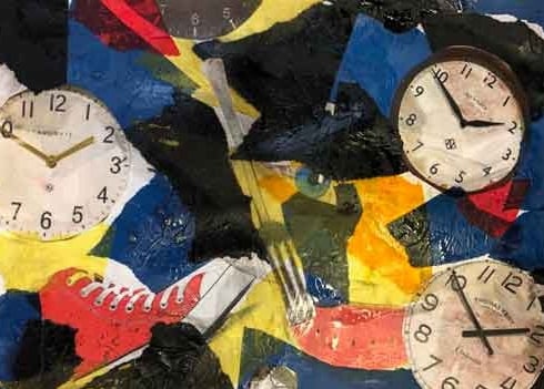 fantasy paper collage featuring clocks