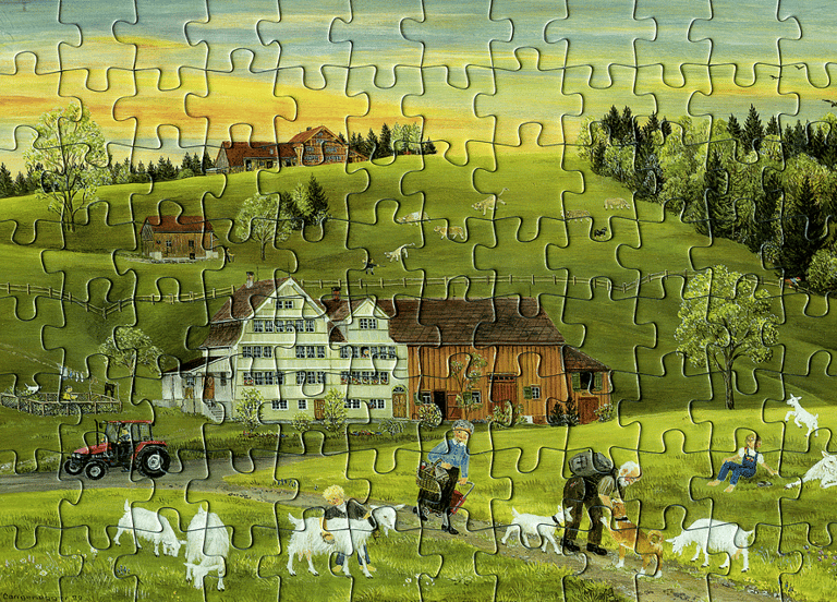 a puzzle piece puzzle piece with a farm scene