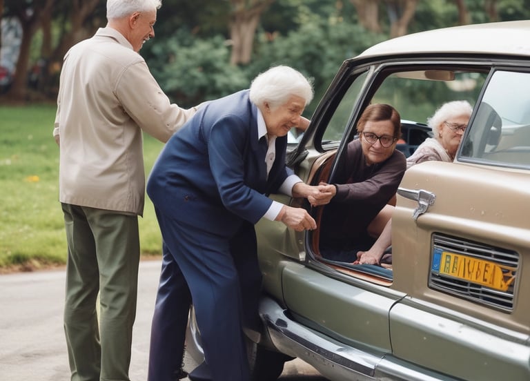 A group of volunteers helping an elderly person in a cozy home setting.