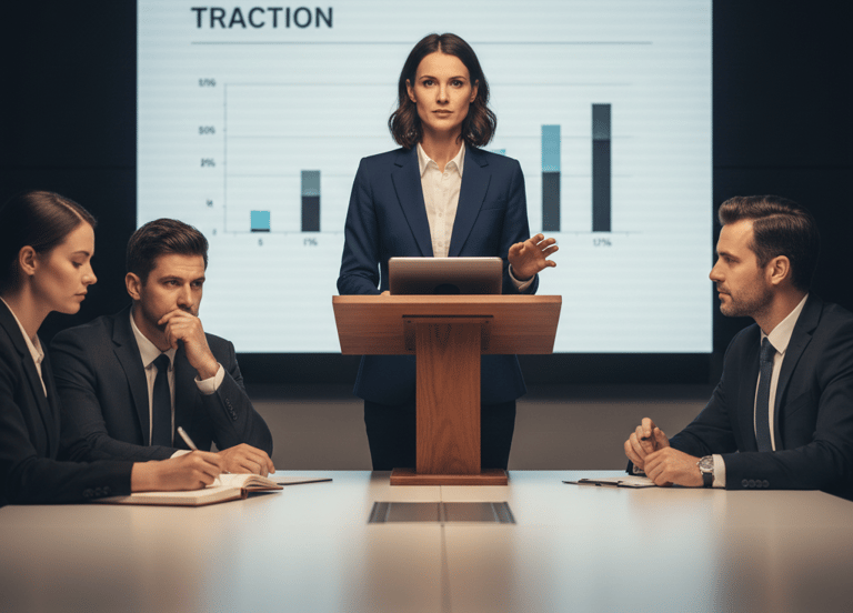 Founder demonstrating calm, confident pitch delivery that signals strong judgment to investors.