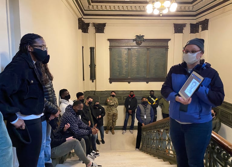 Dr. Hooton, left, with students at Cullum Hall at West Point. Black history and memory walking tour