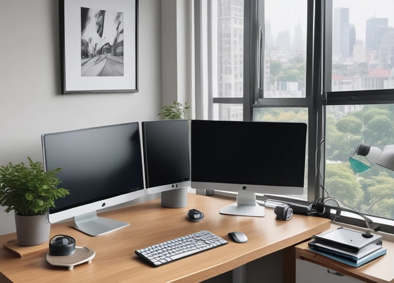 Modern home office setup with triple monitors on a wooden desk near a city view window.