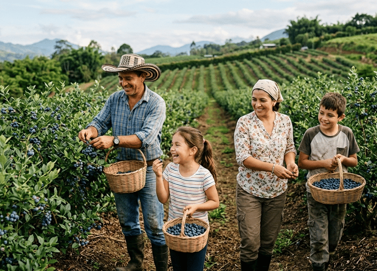 Una familia feliz cosecha arándanos orgánicos frescos en una huerta local de frutas 