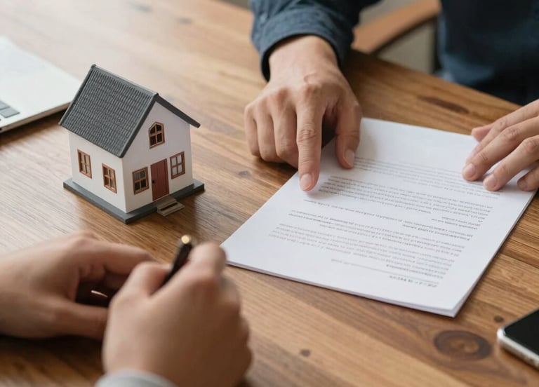 Dos personas revisando documentos legales para compra de vivienda