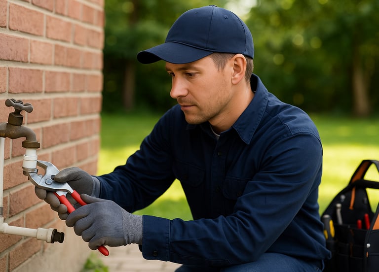 A plumber in a blue shirt is holding a wrench repairing a tap outside a Surrey home.