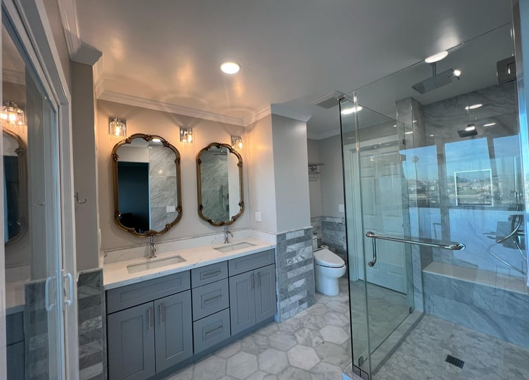 Modern bathroom remodel in the Bay Area by Asha Construction