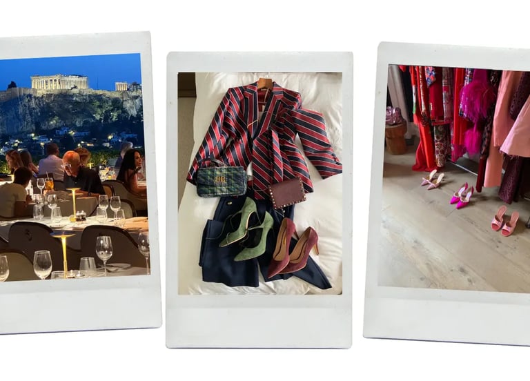 dhm.style spread with outdoor fine dining under Acropolis and luxury styling outfits.
