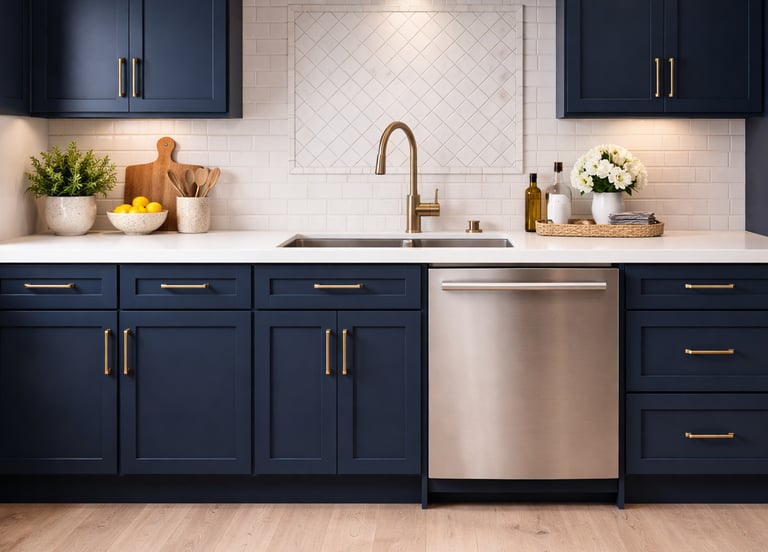 Blue kitchen with stainless dishwasher, white counters, and brass fixtures