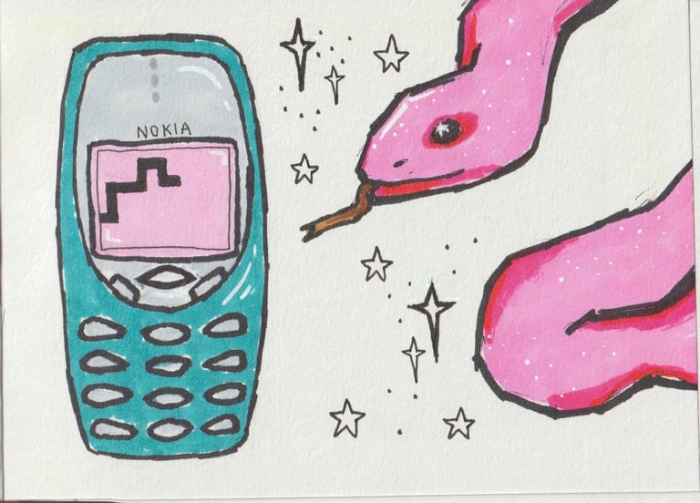 Marker drawings of an old Nokia brick phone with the snake game, and a snake beside it.