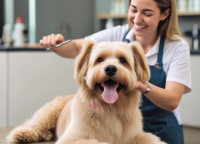 a woman is brushing her dog's hair while she is sitting on a rug