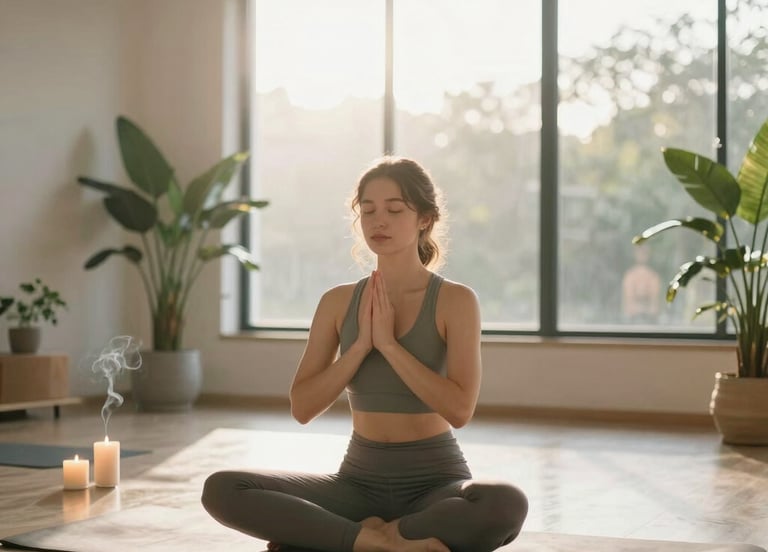 A serene yoga instructor guiding a small group in a sunlit studio with soft sage green accents.