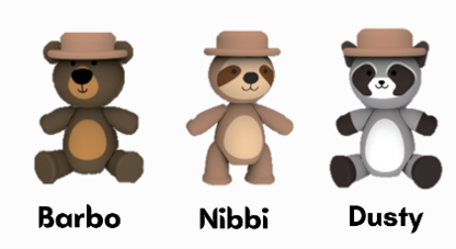 The 3 figures which is a part of the forest buddies series including : Barbo ,Nibbi and dusty