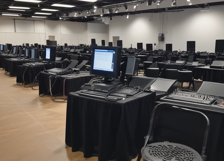 Event setup with technology, audio, and catering in action