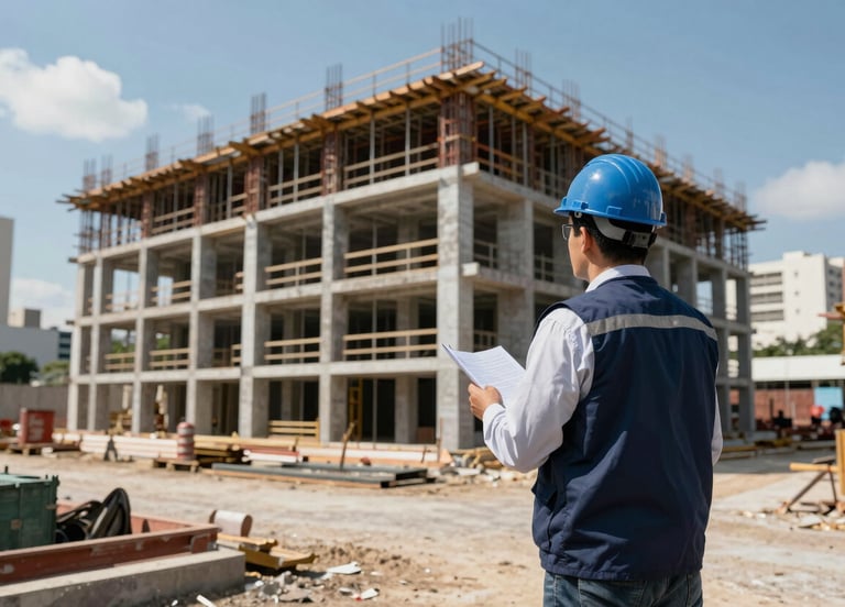 A wide-angle photography shot of a modern construction site in a South American / Brazilian urban area. A professional wearing a hard hat and slate blue vest is inspecting the structural layout. The scene is bright and sharp, conveying expertise. Colors: deep navy, sky gray.