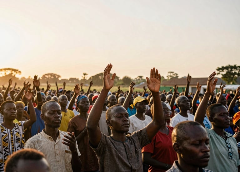 Wide shot of a vibrant outdoor worship gathering in the Democratic Republic of Congo, crowd with hands lifted in prayer, warm sunset lighting, authentic documentary style, 35mm