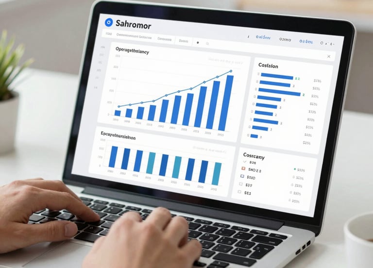 A business team celebrating success with charts showing growth and efficiency.