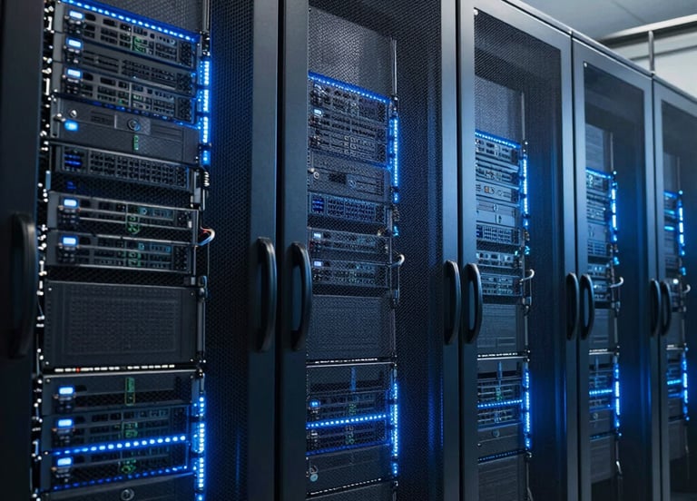 High-end photography of a secure North American / US data center with glowing navy and steel blue server racks. The lighting is crisp and professional, emphasizing a sense of absolute security and high-tech reliability.