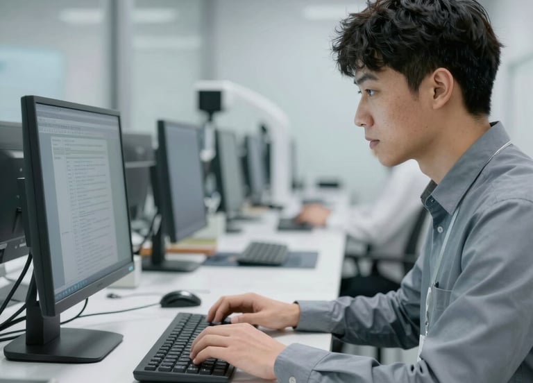 A group of diverse professionals engaged in a hands-on training session with technical equipment.