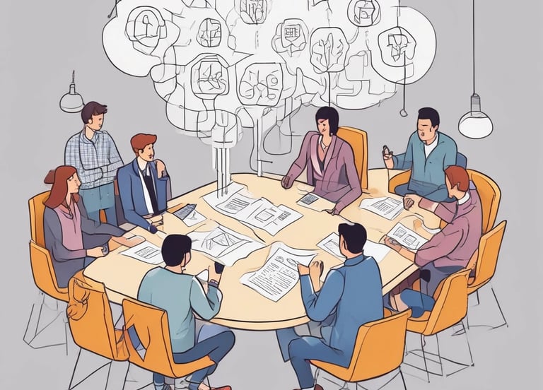Diverse business team collaborating around a round table with abstract thought bubbles for creative brainstorming.