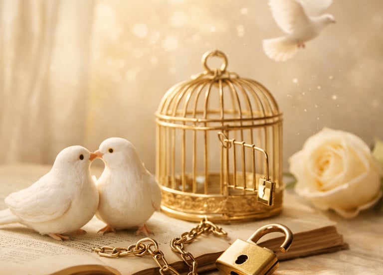 Deux colombes blanches près d’une cage dorée ouverte symbolisant l’amour, la jalousie et la liberté