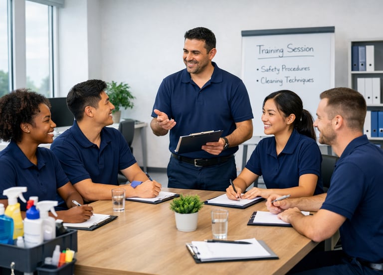 A diverse cleaning staff attending a training session on safety procedures and professional techniques.