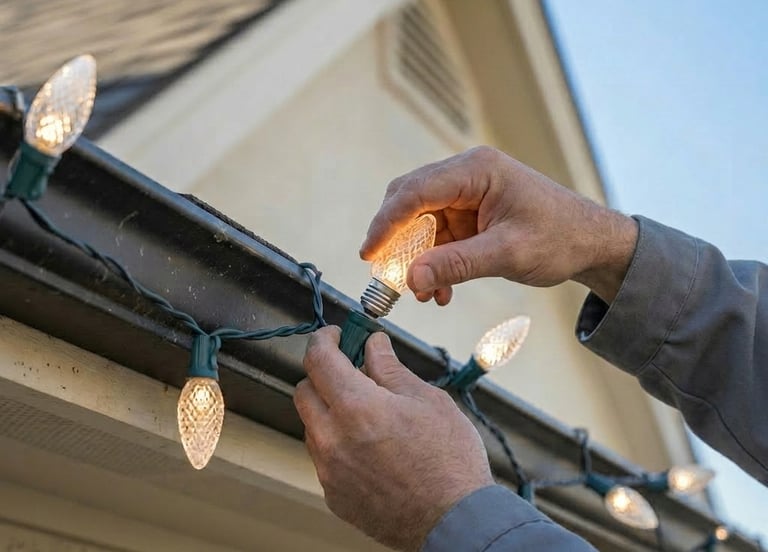 Close-up of C9 Christmas lights being installed on a roofline