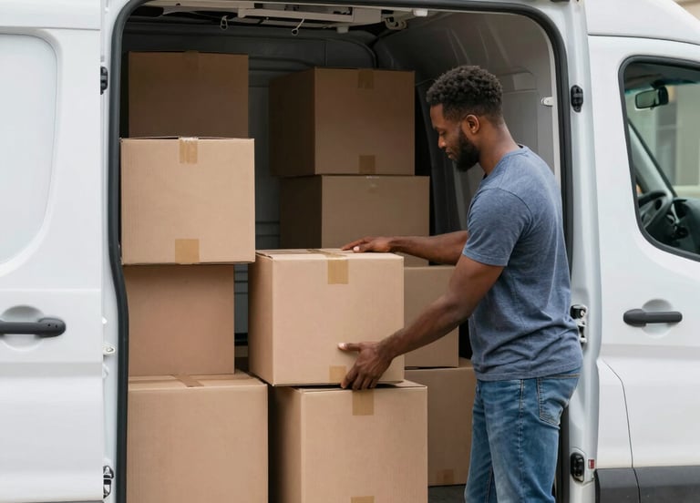 A friendly mover loading a van with carefully packed boxes in a sunny suburban driveway.