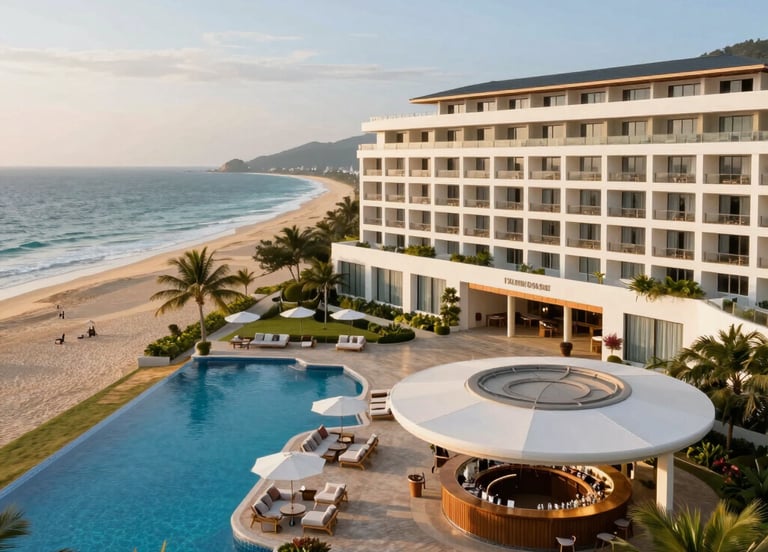 A sleek architectural blueprint overlaying a vibrant cityscape at sunset.