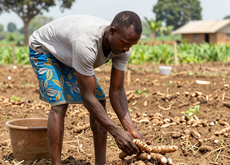 A mentor guiding a young farmer in a sunlit field with farming tools