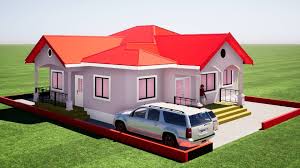 maquette Bungalow moderne de plain-pied avec toit rouge vif et SUV blanc garé.