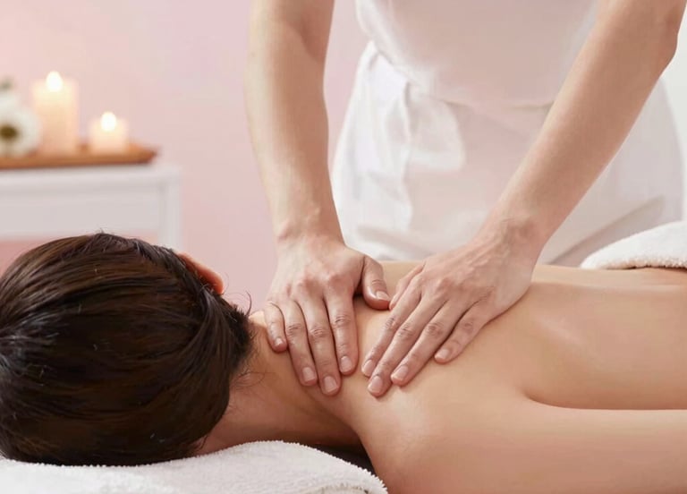 Femme recevant un massage du corps et du dos par une esthéticienne professionnelle - Glow By Tyfene