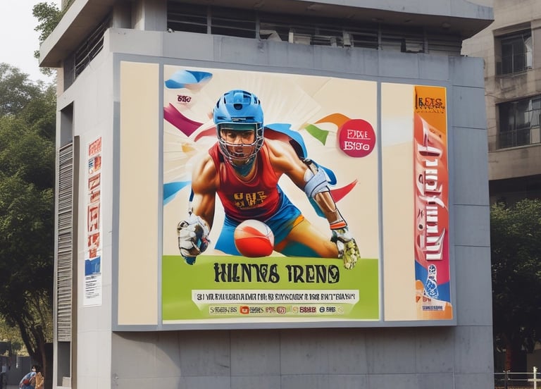A vibrant collage showing sports event hoardings, digital ads on social media, and influencer collaborations.